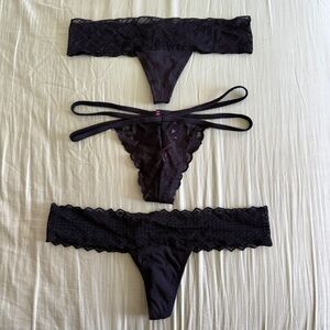 3 x Victoria's Secret PINK Black Floral Lace Thong Panties Sheer Strappy Stretch